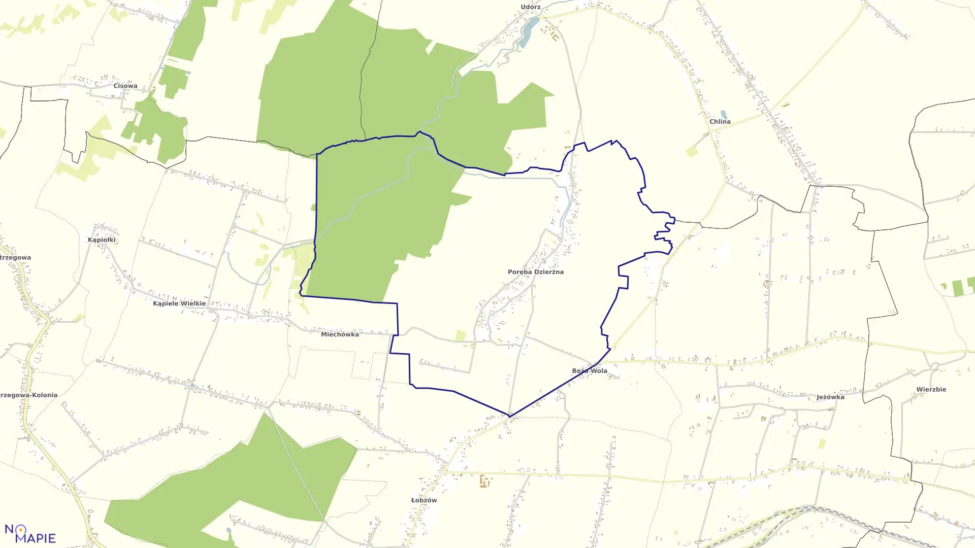 Mapa obrębu Poręba Dzierżna w gminie Wolbrom